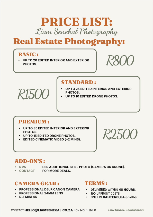 Liam Senekal Photography price list